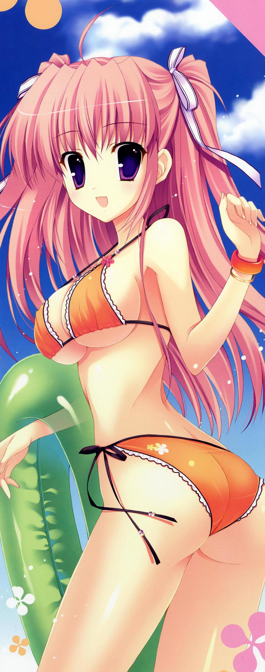 absurdres bikini breasts day hair_ribbon highres large_breasts long_hair mitha nanagane_educational_institution pink_hair purple_eyes ribbon sakuranomiya_arisa side-tie_bikini sideboob solo swimsuit twintails two_side_up