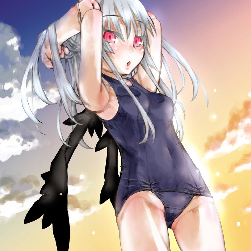 armpits arms_up doll_joints highres kakashichi long_hair one-piece_swimsuit pink_eyes rozen_maiden school_swimsuit silver_hair solo suigintou swimsuit wings