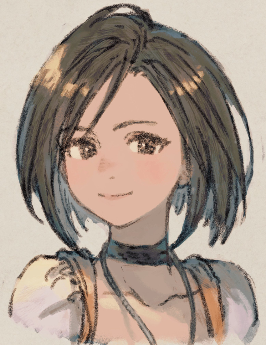 1girl black_choker bodysuit brown_eyes brown_hair choker closed_mouth collarbone final_fantasy final_fantasy_ix garnet_til_alexandros_xvii highres jewelry light_smile looking_at_viewer maeka_(kumaekake) orange_bodysuit parted_bangs pendant portrait shirt short_hair solo upper_body white_shirt