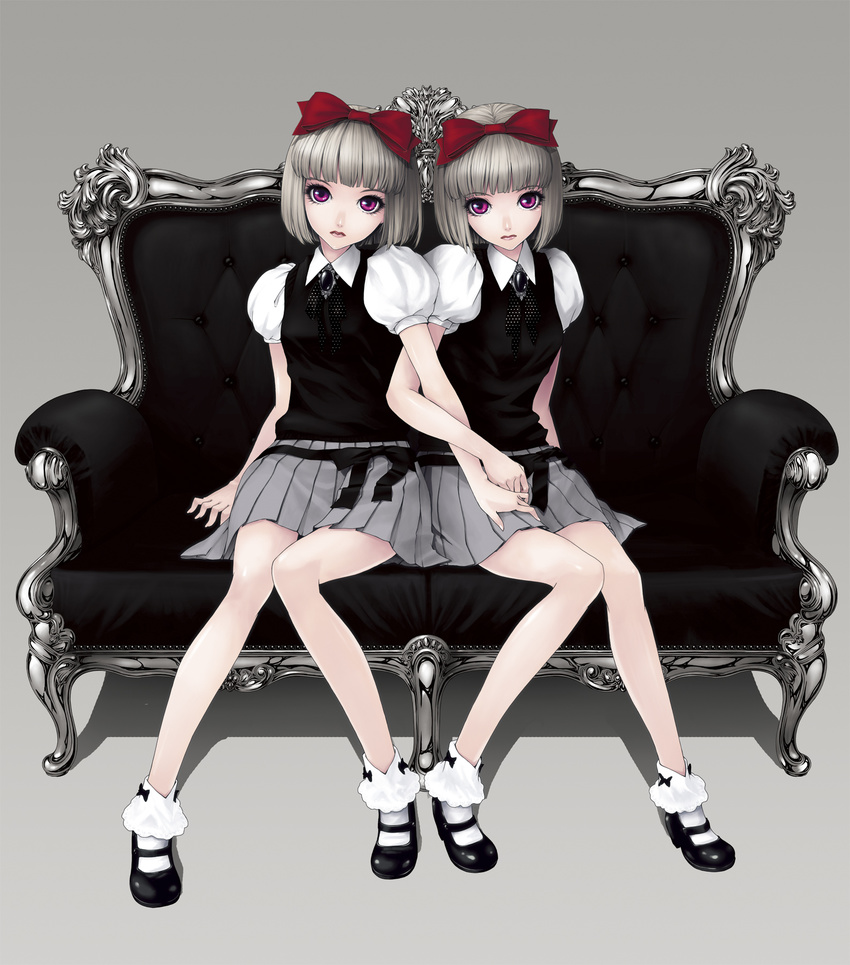 bangs black_footwear blunt_bangs bob_cut bobby_socks bow bow_legwear brooch couch expressionless eyelashes full_body gothic gothic_lolita grey_background grey_hair grey_skirt hair_bow highres jewelry knees_together_feet_apart kunishige_keiichi legs lips lipstick locked_arms lolita_fashion long_legs looking_at_viewer makeup mary_janes miniskirt multiple_girls neck_ribbon original pleated_skirt puffy_short_sleeves puffy_sleeves red_bow red_eyes ribbon shoes short_hair short_sleeves siblings sisters sitting skirt socks twins white_legwear