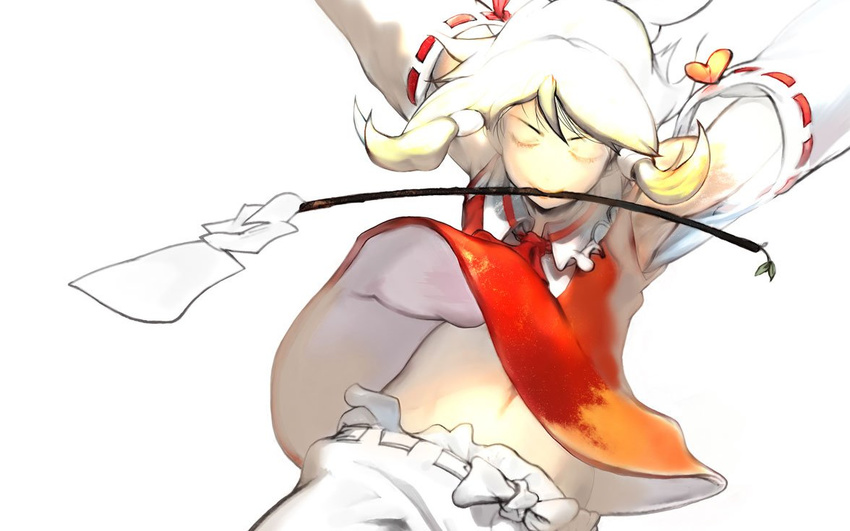 arms_up blonde_hair hakurei_reimu long_sleeves midriff mouth_hold navel ribbon-trimmed_sleeves ribbon_trim short_hair simple_background solo stomach touhou usapiyo white_background