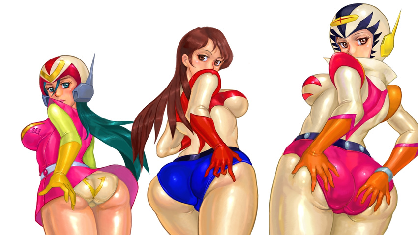 3girls 70s aqua_eyes aqua_hair ass ass_grab bodysuit breasts brown_eyes brown_hair combattler_v daikuu_maryuu_gaiking from_behind fujiyama_midori gaiking gloves helmet huge_ass kazuki_mai_(gakeen) kazuki_mai_(magne_robo_gakeen) large_ass large_breasts long_hair magne_robo_gakeen multiple_girls nanbara_chizuru old_school oldschool panties print_panties shiny shiny_clothes skin_tight underwear wallpaper zen_and_retro