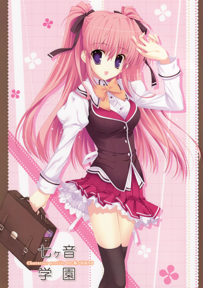 absurdres black_legwear briefcase highres mitha nanagane_educational_institution pink_hair purple_eyes sakuranomiya_arisa school_uniform solo thighhighs two_side_up