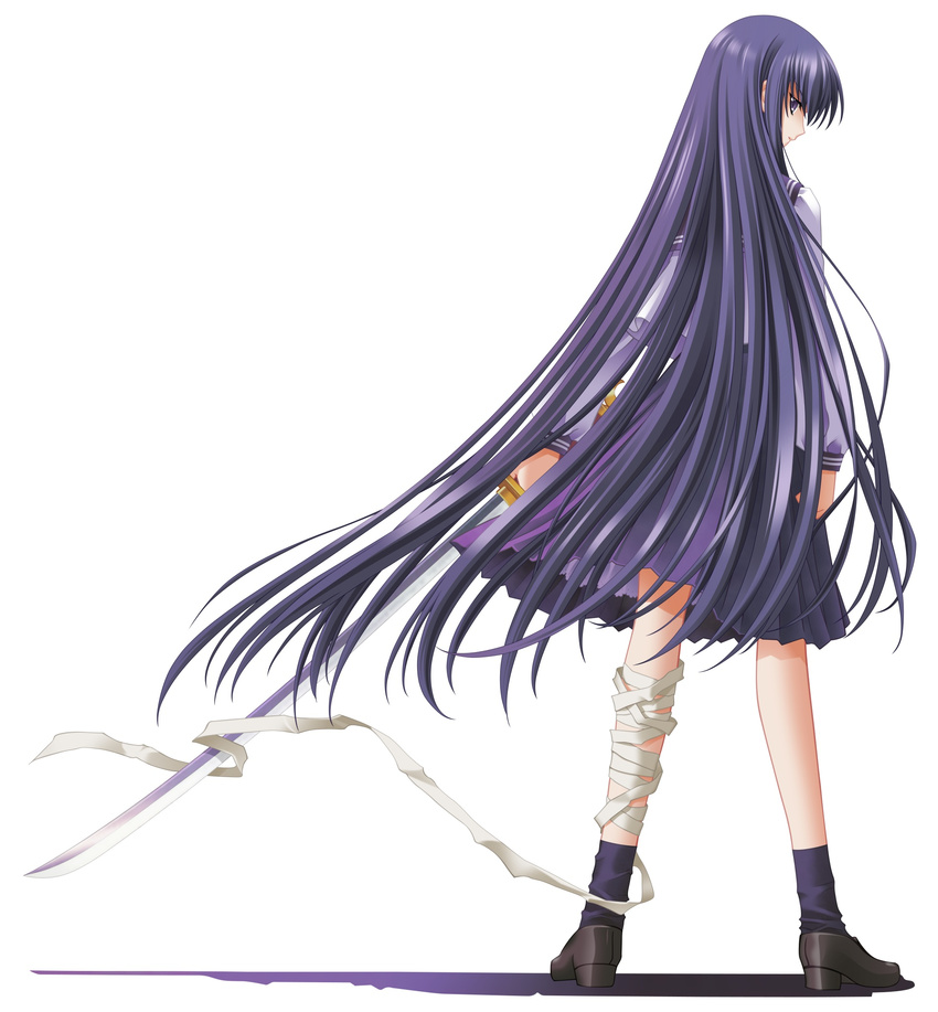 azuma_hazuki bandages black_hair carnelian highres long_hair purple_hair school_uniform solo sword very_long_hair weapon yami_to_boushi_to_hon_no_tabibito