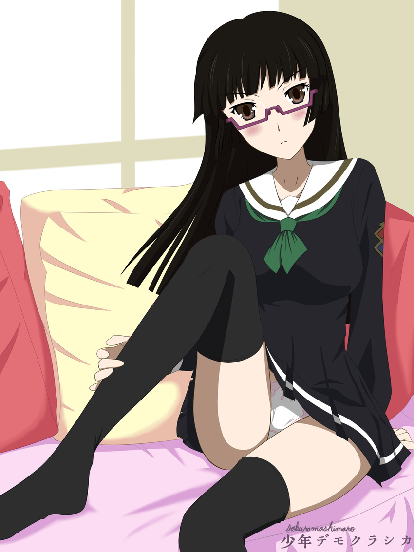 bad_anatomy bangs black_hair black_legwear black_shirt black_skirt blunt_bangs blunt_ends blush breasts brown_eyes chiaki_kurihara disconnected_mouth flat_color glasses green_neckwear head_tilt highres hime_cut indoors knee_up large_breasts legs long_hair long_sleeves looking_at_viewer miniskirt miniskirt_pirates neckerchief no_shoes panties pantyshot pantyshot_(sitting) pleated_skirt purple-framed_eyewear sailor_collar semi-rimless_eyewear shirt shounen_democratica sitting skirt source_request thighhighs thighs under-rim_eyewear underwear upskirt white_panties white_sailor_collar