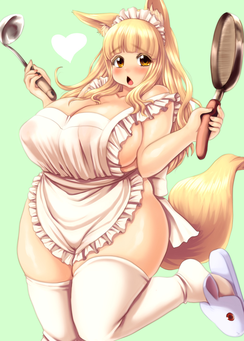 1girl animal_ears apron bare_shoulders blonde_hair breasts cooking female fox_ears fox_tail hair_ornament heart highres huge_breasts jumping kokumotsu long_hair maid_headdress naked_apron open_mouth original plump simple_background slippers solo tail thighhighs white_legwear white_thighhighs yellow_eyes