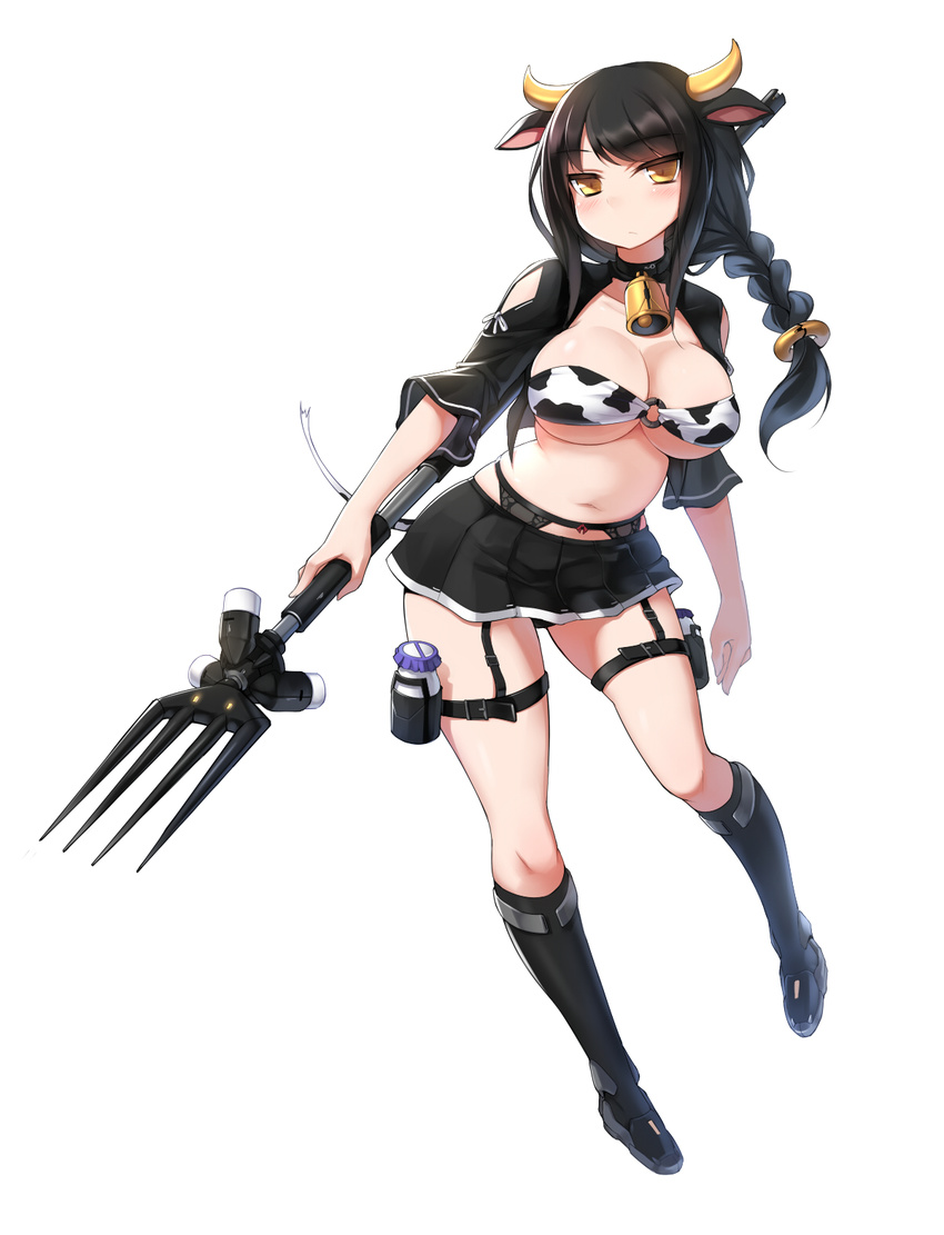 animal_ears animal_print bell bell_collar black_hair boots bottle braid breasts cleavage collar cow_bell cow_ears cow_girl cow_print cow_tail garter_belt highres horns knee_boots large_breasts long_hair looking_at_viewer milk_bottle navel original pitchfork ponytail simple_background single_braid solo tail thigh_strap weapon white_background yellow_eyes zenn