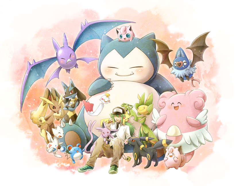 blissey chimecho clefairy crobat espeon forked_tail gen_1_pokemon gen_2_pokemon gen_3_pokemon gen_4_pokemon gen_5_pokemon green_hair hat highres holiday-jin jigglypuff leavanny lopunny lucario marill n_(pokemon) pikachu pokemon pokemon_(creature) pokemon_(game) snorlax swoobat tail togetic umbreon