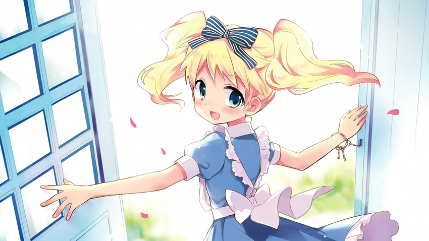 :d alice_cartelet blonde_hair blue_eyes bow dress frills hair_bow hair_ribbon hara_yui highres key keychain kin-iro_mosaic looking_back official_art open_mouth petals ribbon short_hair short_sleeves smile solo twintails