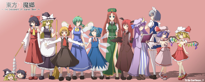 &gt;:) :d ^_^ apron arm_behind_back arms_behind_back ascot bat_wings beret black_hair black_legwear blonde_hair blue_dress blue_hair blush book bow braid breasts broom buttons capelet china_dress chinese_clothes cirno closed_eyes crescent daiyousei detached_sleeves dress dress_shirt engrish everyone fairy_wings fang flandre_scarlet foreshortening gohei gradient gradient_background green_eyes hair_bow hair_ribbon hair_tubes hairband hakurei_reimu hand_on_shoulder hat hat_bow head_tilt head_wings height_difference highres hong_meiling izayoi_sakuya kirisame_marisa koakuma large_bow large_breasts long_hair long_sleeves looking_back looking_up low_wings maid maid_headdress mary_janes medium_breasts multiple_girls natsume_riu necktie open_book open_mouth outstretched_arms patchouli_knowledge purple_dress purple_eyes purple_hair ranguage red_eyes red_hair remilia_scarlet ribbon rumia shirt shoes short_hair short_sleeves side_ponytail side_slit silver_eyes silver_hair simple_background single_braid skirt skirt_set smile socks spread_arms star striped striped_dress symmetrical_hand_pose the_embodiment_of_scarlet_devil thighhighs touhou twin_braids v-shaped_eyebrows vertical_stripes very_long_hair vest waist_apron white_legwear white_shirt wide_sleeves wings witch witch_hat yellow_eyes yukkuri_shiteitte_ne zettai_ryouiki