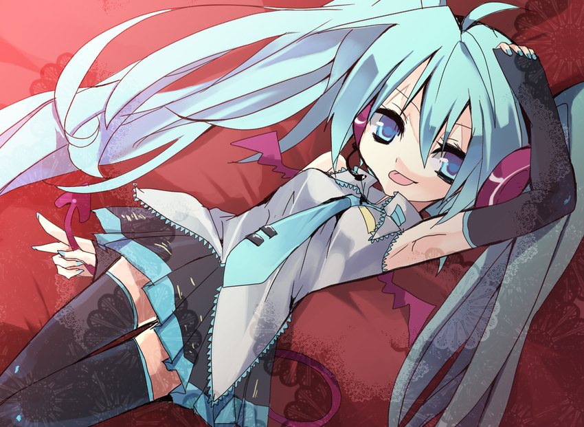 :p aqua_eyes aqua_hair bat_wings demon_tail detached_sleeves hanepochi hatsune_miku headset long_hair necktie skirt solo tail thighhighs tongue tongue_out twintails very_long_hair vocaloid wings zettai_ryouiki