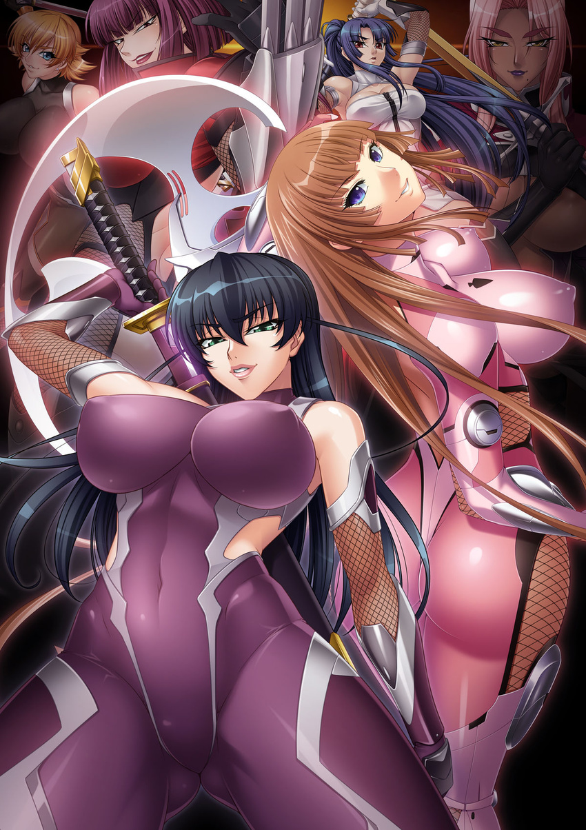 6+girls aoi_nagisa_(artist) armpits ass blonde_hair blue_hair bodysuit breasts dark_skin female igawa_asagi igawa_sakura ingrid_(taimanin_asagi) kagami kagami_hirotaka koukawa_asuka large_breasts lilith-soft long_hair multiple_girls oboro_(taimanin_asagi) pink_hair ponytail purple_hair short_hair smile taimanin_asagi taimanin_asagi_3 thighs yatsu_murasaki