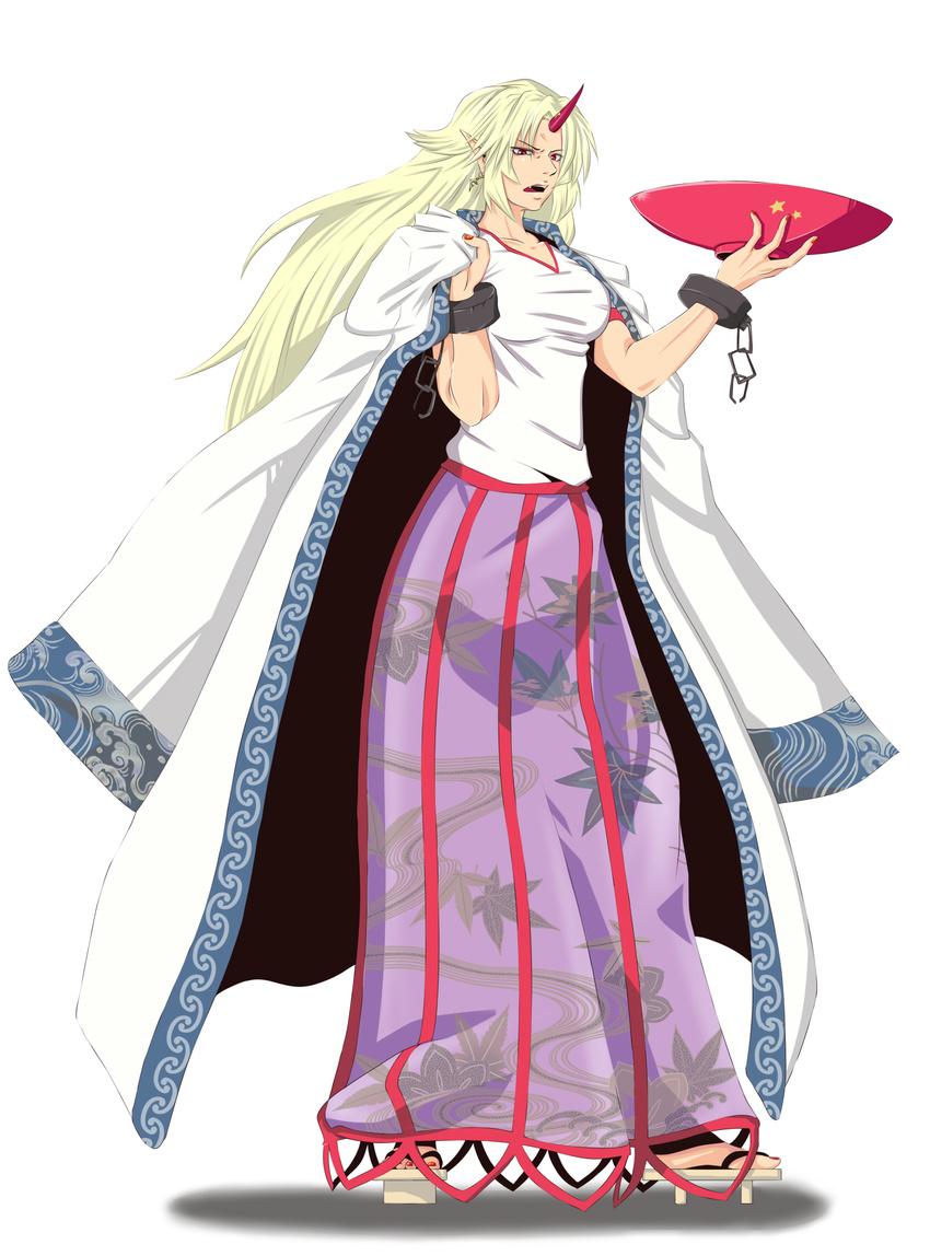 alcohol blonde_hair cup earrings geta highres horn hoshiguma_yuugi jewelry long_hair long_skirt oni over_shoulder pointy_ears red_eyes sakazuki sake skirt solo toenail_polish touhou versapro