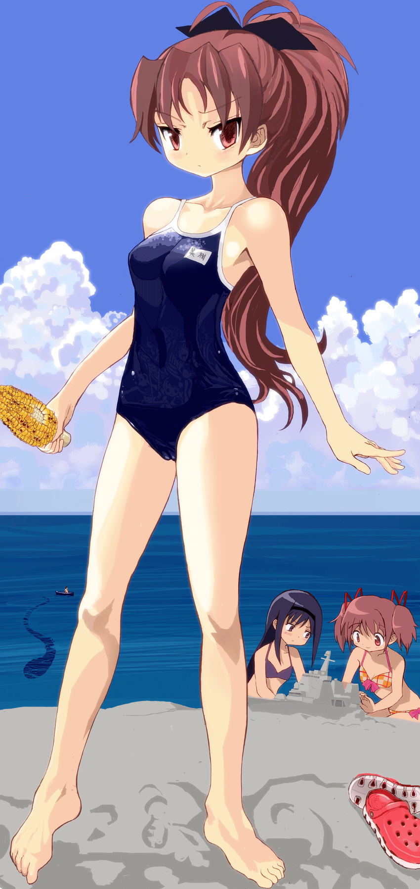 absurdres akemi_homura barefoot beach corn crocs day highres kaname_madoka kyubey long_hair mahou_shoujo_madoka_magica miki_sayaka multiple_girls red_eyes red_hair sakura_kyouko sand_sculpture school_swimsuit ship short_hair swimsuit tomoe_mami toshi_(little-fluffy-cloud) watercraft wet when_you_see_it