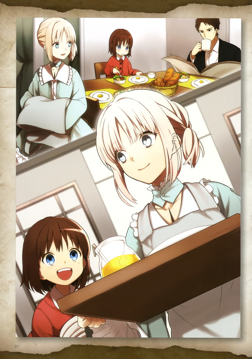 2girls absurdres apron ayaka's_father_(fate/prototype) basket blonde_hair blue_eyes bread brown_hair cup drinking dutch_angle eating egg family fate/prototype fate/prototype:_fragments_of_blue_and_silver fate_(series) food fork highres indoors loaf_of_bread mug multiple_girls nakahara_(mu_tation) official_art open_mouth plate sajou_ayaka sajou_manaka side_ponytail sitting smile table window younger