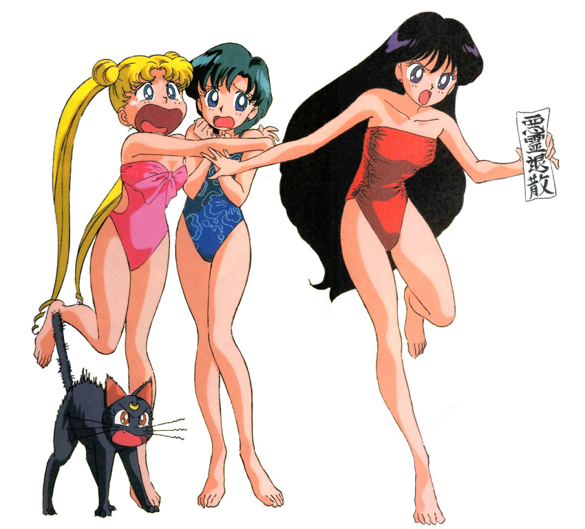 1990s_(style) 3girls barefoot bishoujo_senshi_sailor_moon black_cat black_eyes black_hair blonde_hair blue_eyes blue_hair blue_swimsuit casual_one-piece_swimsuit cat double_bun highres hino_rei hiss long_hair luna_(sailor_moon) mizuno_ami multiple_girls non-web_source official_art ofuda one-piece_swimsuit open_mouth pink_swimsuit red_swimsuit retro_artstyle scared short_hair simple_background standing strapless strapless_swimsuit swimsuit tears tsukino_usagi twintails very_long_hair white_background