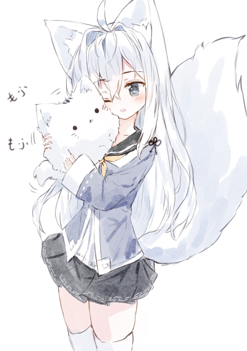 1girl ;o ahoge animal animal_ear_fluff animal_ears bangs black_sailor_collar black_skirt blue_jacket blush cat commentary_request eyebrows_visible_through_hair fox_ears fox_girl fox_tail grey_eyes hair_between_eyes hair_intakes highres holding holding_animal holding_cat jacket long_hair long_sleeves one_eye_closed original parted_lips ping_myu_ring_(tandohark) pleated_skirt sailor_collar shirt simple_background skindentation skirt sleeves_past_wrists solo tail tail_raised tandohark thighhighs very_long_hair white_background white_hair white_legwear white_shirt