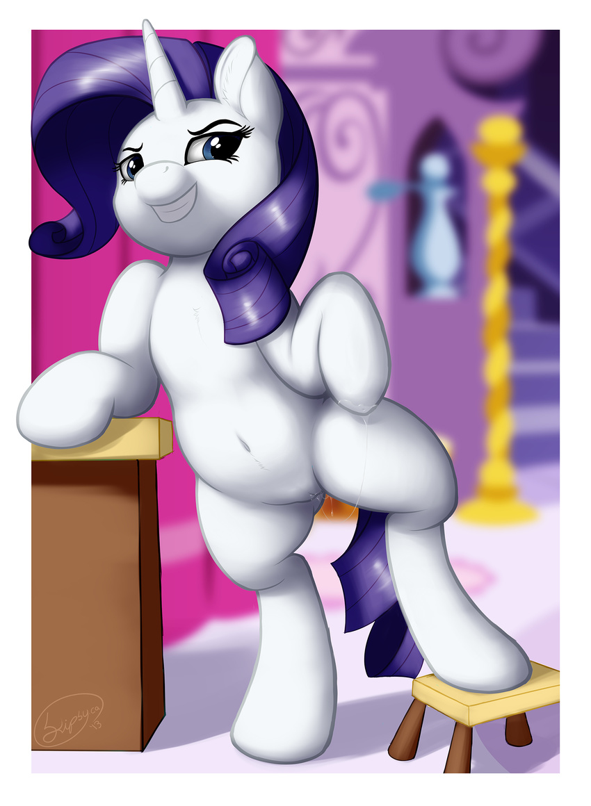 absurd_res blue_eyes detailed_background dripping equine female feral friendship_is_magic fur hair hi_res horn horse inside looking_at_viewer mammal my_little_pony pony purple_hair pussy rarity_(mlp) signature skipsy smile solo standing stool table unicorn white_fur