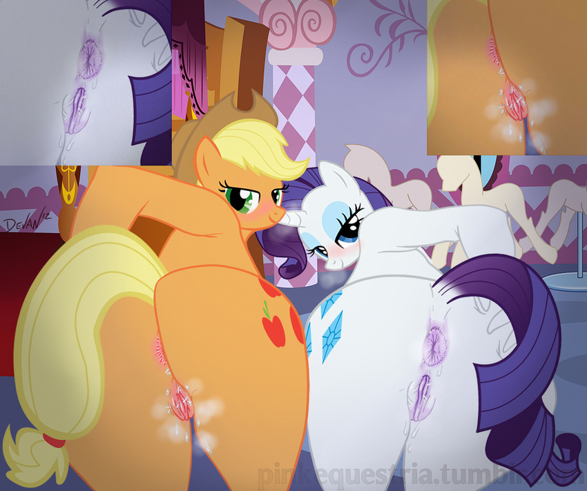 anthro anthrofied anus applejack_(mlp) big_anus blonde_hair blue_eyes blush butt cowboy_hat cutie_mark devanstar duo equine eyes female friendship_is_magic grab green_eyes hair hat horn horse inside mammal my_little_pony pony presenting presenting_hindquarters purple_hair pussy rarity_(mlp) unicorn