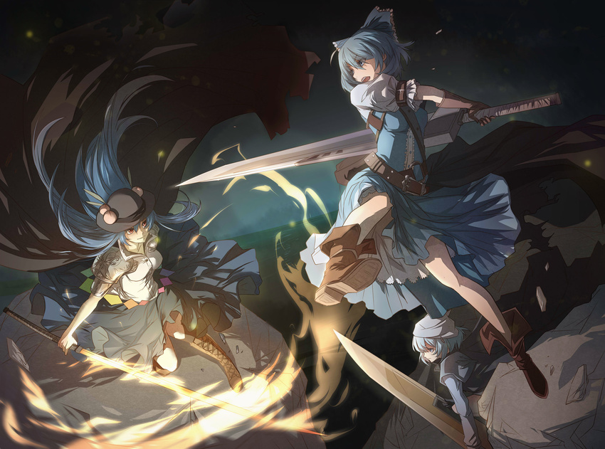 advent_cirno belt blue_eyes blue_hair boots bow cape cirno cross-laced_footwear dress hair_bow hat highres hinanawi_tenshi igneous25 letty_whiterock long_hair multiple_girls open_mouth red_eyes short_hair smile sword sword_of_hisou touhou weapon