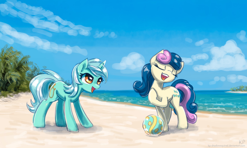 amber_eyes ball beach bonbon_(mlp) cloud clouds cutie_mark duo equine eyes_closed female feral friendship_is_magic fur green_fur green_hair hair horn horse karol_pawlinski lyra_(mlp) lyra_heartstrings_(mlp) mammal my_little_pony open_mouth outside pink_hair pony purple_hair sand seaside sky tree unicorn water white_hair yellow_fur