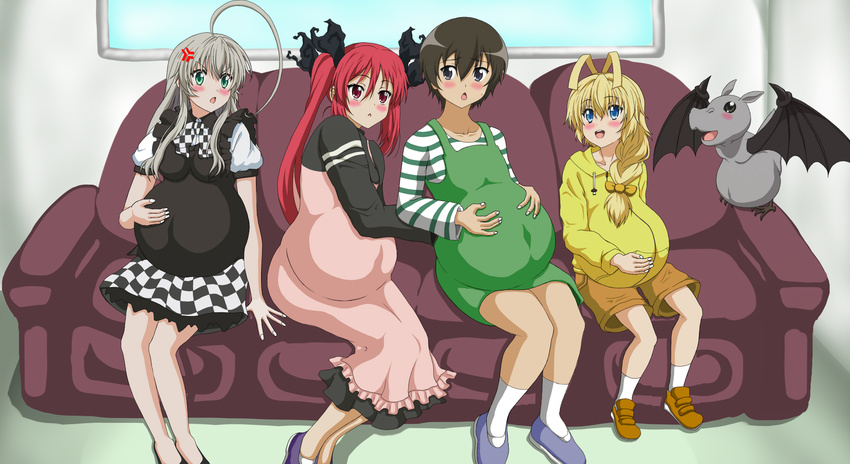 2girls ahoge anger_vein blonde_hair blush crossdressing cthugha_(nyaruko-san) dominia green_eyes haiyore!_nyaruko-san hastur_(nyaruko-san) hetero highres huge_ahoge long_hair male_pregnancy multiple_boys multiple_girls nyarlathotep_(nyaruko-san) otoko_no_ko pregnant red_eyes red_hair shantak_(nyaruko-san) silver_hair smile yasaka_mahiro