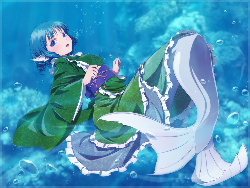 ah-negitorow blue_eyes blue_hair bubble head_fins highres japanese_clothes mermaid monster_girl obi sash short_hair solo touhou underwater wakasagihime