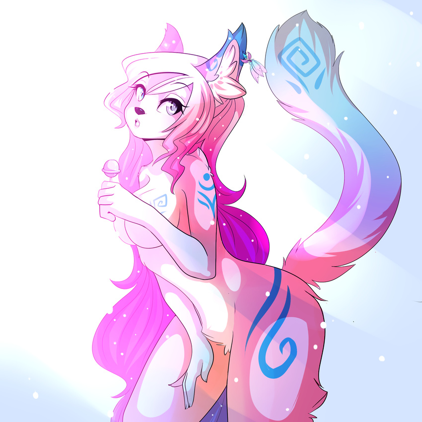 anthro candy canine celestial ear_piercing eirana female fox galaxy hair heterochromia light lollipop lustrous mammal piercing runes solo space starlight stars