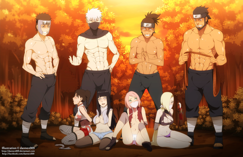 4boys 4girls blue_hair dannex009 haruno_sakura hatake_kakashi hyuuga_hinata imminent_rape jiraiya multiple_boys multiple_girls naruto naruto_(series) sarutobi_asuma tenten umino_iruka yamanaka_ino yamato_(naruto)