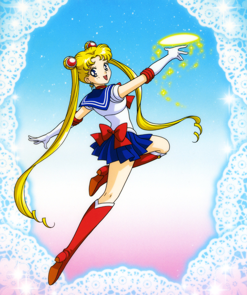 :d absurdres anime_coloring back_bow bishoujo_senshi_sailor_moon blonde_hair blue_eyes blue_sailor_collar blue_skirt boots bow choker doily double_bun earrings elbow_gloves full_body gloves gradient gradient_background hair_ornament highres jewelry jumping knee_boots long_hair looking_back magical_girl official_art open_mouth pleated_skirt pose red_bow red_choker red_footwear sailor_collar sailor_moon sailor_senshi_uniform skirt smile solo sparkle tsukino_usagi twintails white_gloves