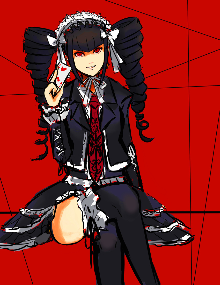 absurdres black_hair black_legwear bonnet card celestia_ludenberck crossed_legs danganronpa danganronpa_1 drill_hair gothic_lolita highres lolita_fashion long_hair necktie red_eyes red_seiryu sitting skirt smile solo thighhighs twin_drills twintails