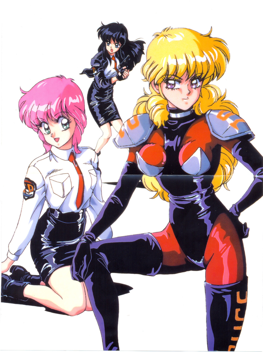 3girls 90s black_hair blonde_hair boots breasts burn-up green_eyes happy highres knees_together_feet_apart large_breasts leotard long_hair looking_at_viewer maki maki_(burn-up) mon-mon_(miyazaki_kenjin) mon_mon multiple_girls necktie oldschool pencil_skirt pink_hair police police_uniform policewoman power_suit purple_eyes reimi_(burn-up) remi scan serious short_hair simple_background skin_tight skirt smile spandex thigh_boots thighhighs white_background yuka yuka_(burn-up)