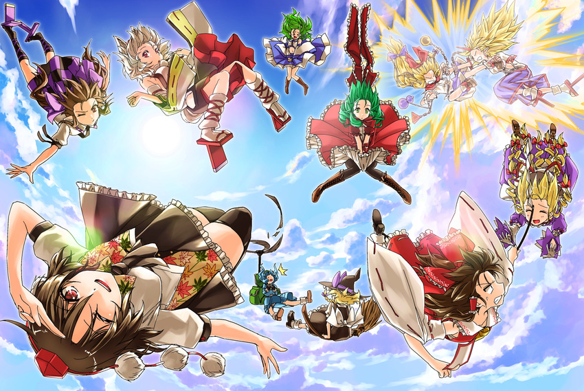 &gt;_&lt; abo_(hechouchou) backpack bag black_legwear blonde_hair blue_hair boots bow braid broom brown_hair chain closed_eyes cloud cloudy_sky cross-laced_footwear detached_sleeves flying geta gloves gohei green_hair hair_bow hair_tubes hakurei_reimu hat highres himekaidou_hatate horn hoshiguma_yuugi ibuki_suika inubashiri_momiji kagiyama_hina kawashiro_nitori kirisame_marisa kochiya_sanae lace-up_boots multiple_girls ofuda one_eye_closed open_mouth pointy_ears pom_pom_(clothes) red_eyes salute shameimaru_aya short_hair short_sleeves skirt sky sun tengu-geta thighhighs tokin_hat touhou two-finger_salute two_side_up white_hair witch_hat wrist_cuffs yakumo_yukari