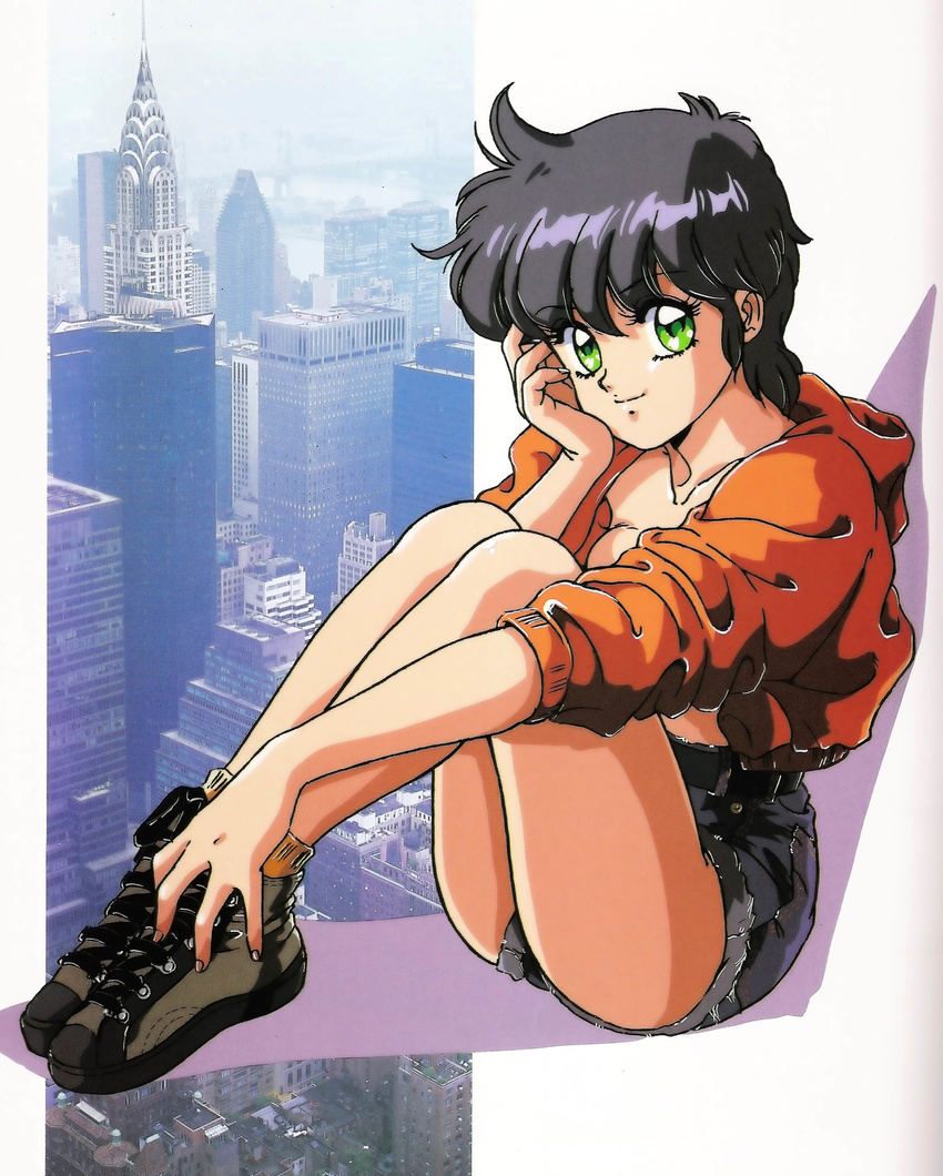 80s black_hair building city denim green_eyes highres jersey looking_at_viewer mon-mon_(miyazaki_kenjin) official_art oldschool photo shoe_laces shoes short_hair shorts sitting topless