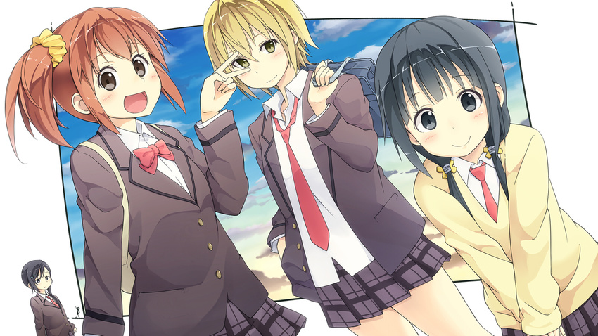 aiura amaya_kanaka bag black_eyes black_hair blazer blonde_hair blush brown_eyes brown_hair highres hiroki_eiki iwasawa_saki jacket long_hair low_twintails multiple_girls necktie open_mouth plaid plaid_skirt pleated_skirt school_bag school_uniform short_hair side_ponytail skirt smile sweater twintails uehara_ayuko v yanase_mei yellow_eyes