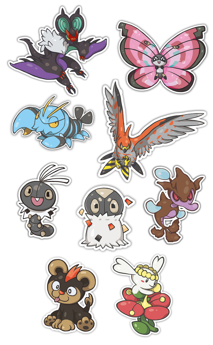 antennae bat bird bug butterfly chibi clauncher claws crustacean cub dragon flabebe flower fur gen_6_pokemon highres insect litleo no_humans noivern paws pincers pokemon pokemon_(creature) red_eyes scatterbug seahorse simple_background skrelp spewpa tail talonflame tongue tongue_out vivillon white_background wings yellow_eyes yoshida_nina