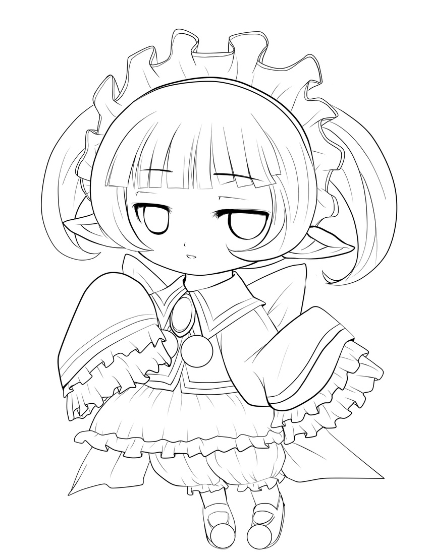 absurdres atelier_(series) atelier_totori chibi chim_(atelier) greyscale hairband highres lineart looking_at_viewer monochrome pointy_ears sleeves_past_wrists solo twintails yume_shokunin