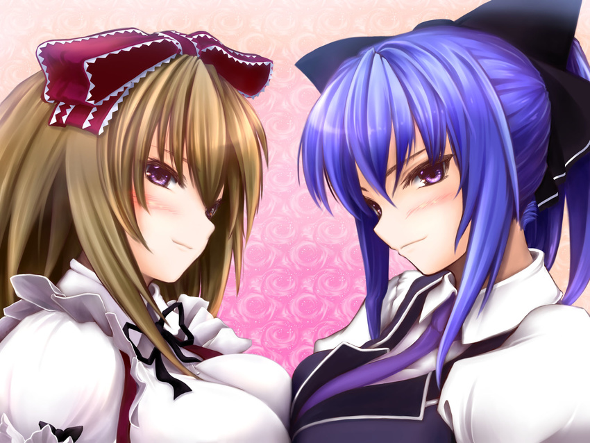 2girls blue_hair blush brown_hair gizensha purple_eyes ribbons seifuku takigawa_aoi tie touch_shiyo!_~love_application~ uniform