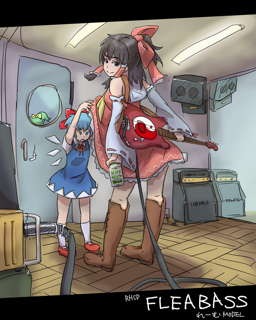 absurdres alcohol amplifier bass_guitar beer beer_can black_hair blue_eyes blue_hair boots bow can cirno daiyousei detached_sleeves dress green_hair hair_bow hair_tubes hakurei_reimu height_difference highres instrument jitome knee_boots looking_at_viewer looking_back mirakona_gonzaless multiple_girls open_mouth ponytail ribbon short_hair side_ponytail skirt skirt_flip skirt_lift smile speaker studio touhou wings