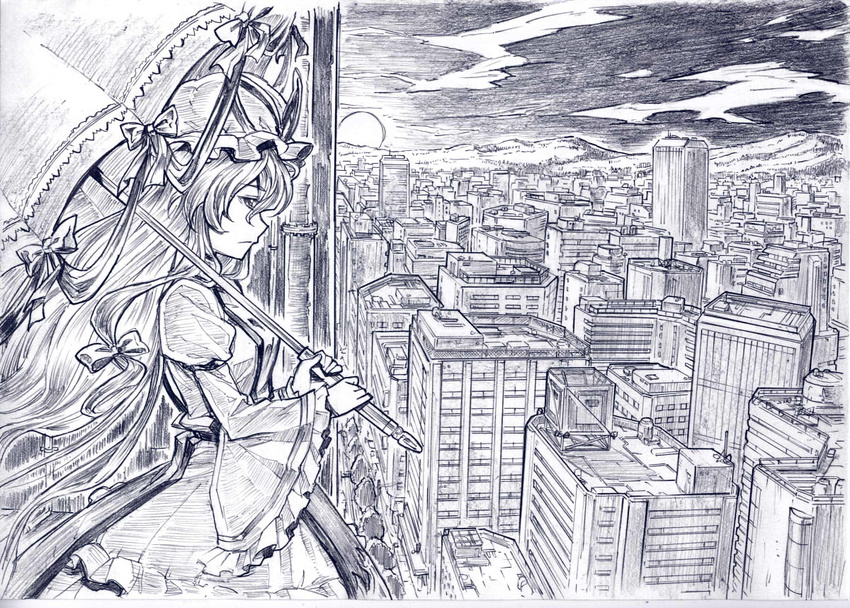 city contemporary graphite_(medium) greyscale monochrome sakino_shingetsu scenery touhou traditional_media umbrella urban yakumo_yukari