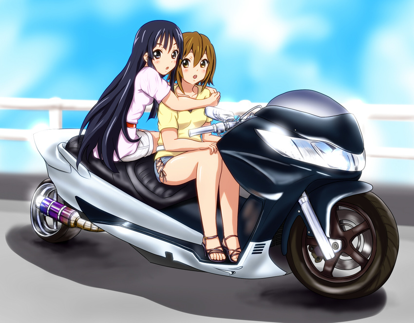 :o akiyama_mio black_eyes black_hair brown_eyes brown_hair cross-laced_footwear diesel-turbo ground_vehicle hair_down hug k-on! long_hair miniskirt motor_vehicle motorcycle multiple_girls multiple_riders sandals short_hair shorts side_slit sidesaddle sitting skirt tainaka_ritsu