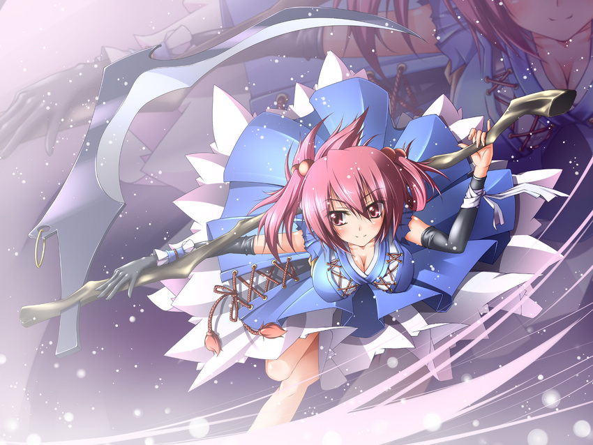 alternate_weapon breasts cleavage elbow_gloves gloves hair_bobbles hair_ornament highres medium_breasts midoriiro_no_shinzou onozuka_komachi red_eyes red_hair scythe solo touhou two_side_up wallpaper weapon zoom_layer