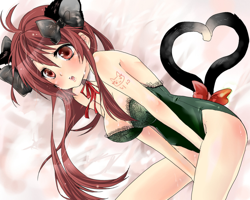 animal_ears bow breasts cat_ears cat_tail cleavage hair_bow heart heart_tail kaenbyou_rin kittysuit lingerie long_hair medium_breasts multiple_tails red_eyes red_hair solo tail touhou tsubaki_haru underwear