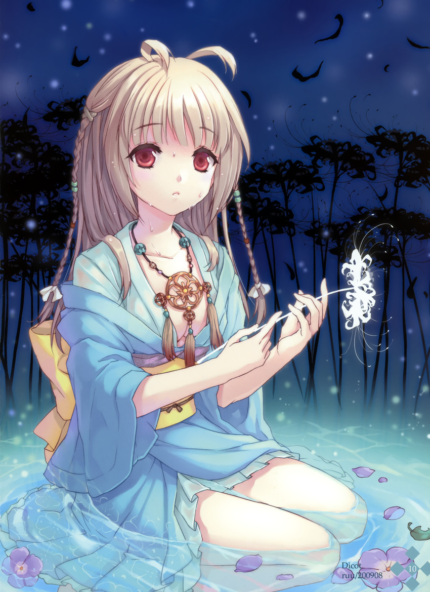 absurdres antenna_hair blonde_hair blue_kimono braid breasts brown_hair cleavage cuteg dicot flower highres japanese_clothes kimono kneeling long_hair night petals red_eyes small_breasts solo twin_braids water wet yukata