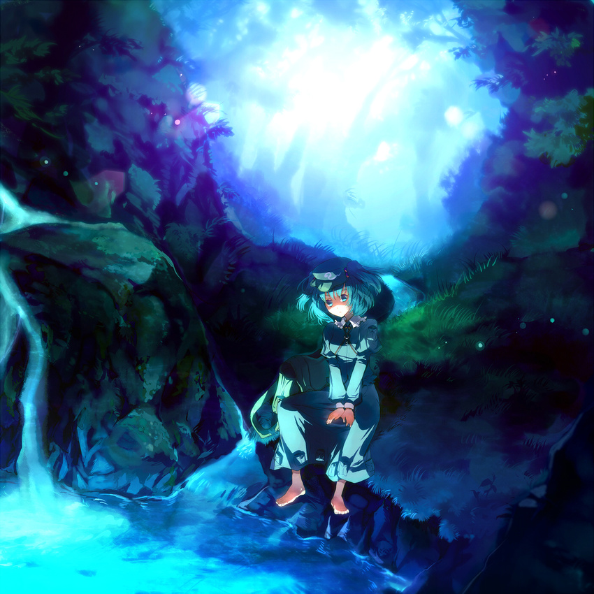 backpack bag barefoot blue_eyes blue_hair forest hair_bobbles hair_ornament hat highres kawashiro_nitori key nature short_hair solo stream sunakumo touhou twintails two_side_up v_arms water