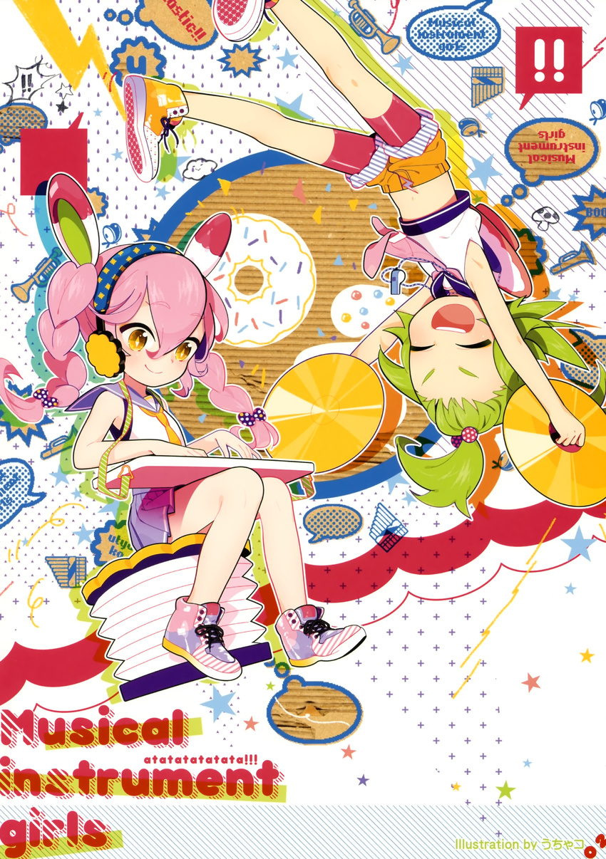 absurdres braid closed_eyes cymbals green_hair highres instrument midriff multiple_girls navel necktie open_mouth original pink_hair shoes shorts sitting skirt sneakers spandex twintails utyako whistle yellow_eyes