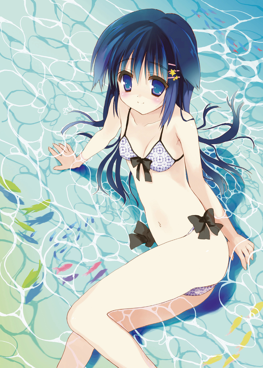 arm_support bikini blue_eyes blue_hair bow fish front-tie_top highres long_hair lying navel on_side original partially_submerged sacchi shallow_water side-tie_bikini smile solo swimsuit water