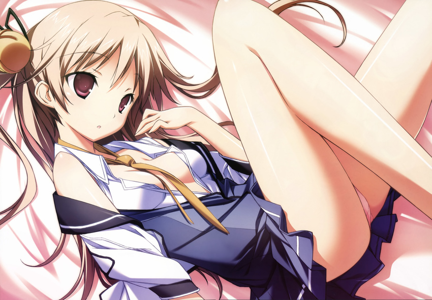 absurdres baldr_sky bell breasts hair_bell hair_ornament highres kikuchi_seiji legs lying minazuki_sora on_back open_clothes open_shirt panties pantyshot school_uniform serafuku shirt small_breasts solo underwear