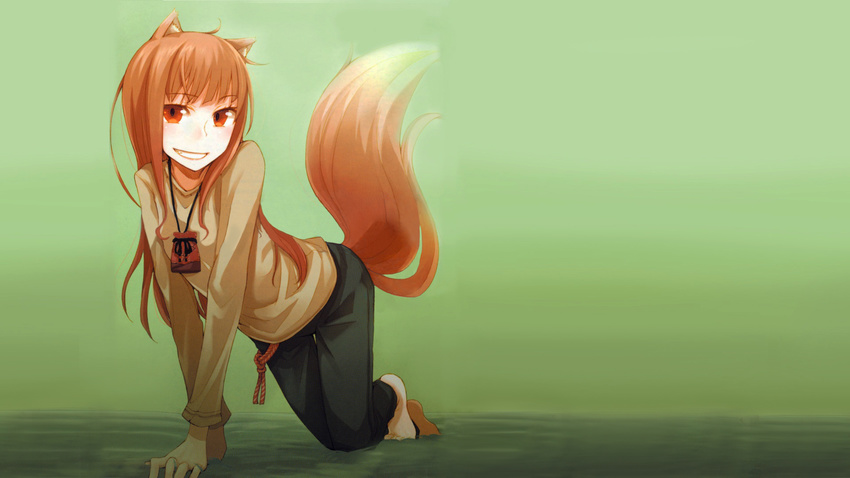 animal_ears barefoot green horo long_hair orange_hair red_eyes spice_and_wolf tail wolfgirl