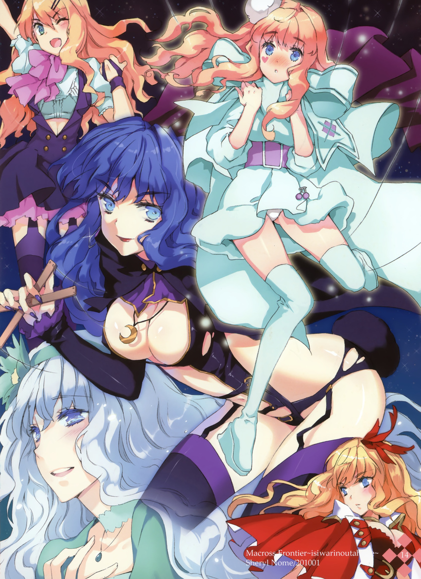 absurdres blonde_hair blue_eyes blue_hair blush boots breasts cleavage crescent cuteg dual_persona heart highres jewelry large_breasts legs long_hair macross macross_frontier macross_frontier:_itsuwari_no_utahime nail_polish necklace one_eye_closed open_mouth purple_nails sheryl_nome signature thigh_boots thighhighs white_hair